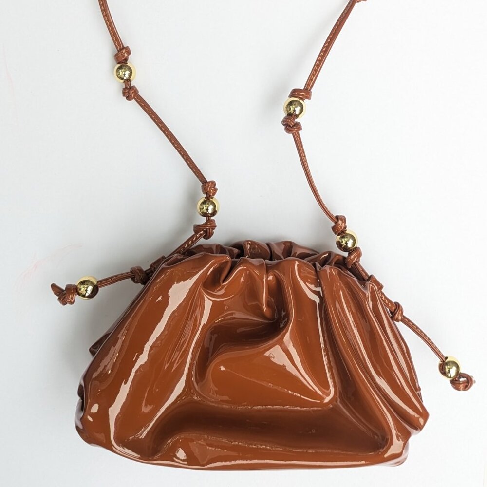 Brown Leather Crossbody Bag Small Pouch Purse with Gold Beads Shiny Mini Bag NW